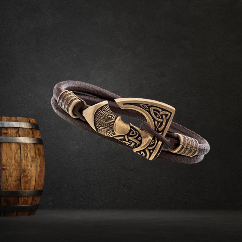 Viking Bronze Bracelet | Genuine Leather & Axe Design Jewelry