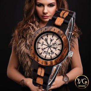 Women Vegvisir Handmade Wooden Watch - vikingenes
