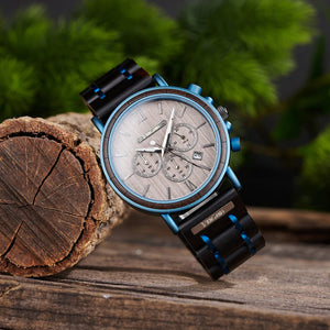 Black & Blue Wooden Chronograph Watch