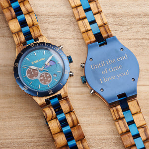Engraved Blue Chronograph Wooden Watch