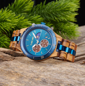Blue & Zebrawood Chronograph Wooden Watch