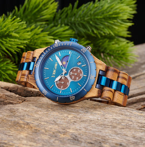 Engraved Blue Chronograph Wooden Watch