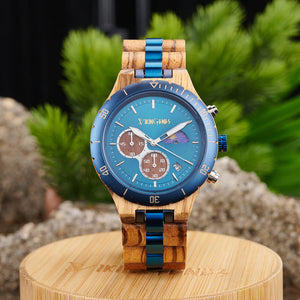 Engraved Blue Chronograph Wooden Watch