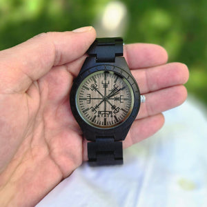 Personalized Viking Black Compass Vegvisir Handmade Wooden Watch