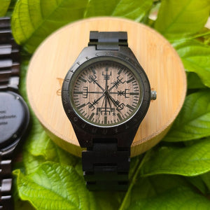 Personalized Viking Black Compass Vegvisir Handmade Wooden Watch