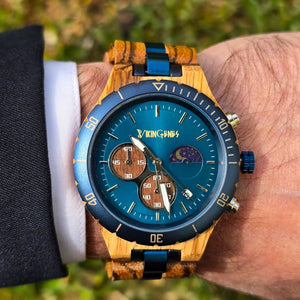 Engraved Blue Chronograph Wooden Watch