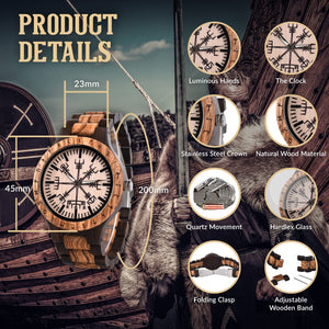 Personalized Viking Compass Vegvisir Handmade Wooden Watch - vikingenes