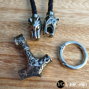 Wolf Heads & Thor's Hammer Leather Necklace - vikingenes