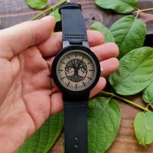 PERSONALIZED TREE OF LIFE WOOD & LEATHER WATCH - vikingenes