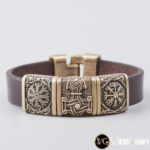 Viking Leather & Bronze Helm of Awe - Mjolnir - Vegvisir bracelet - vikingenes