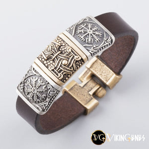 Viking Leather & Bronze Helm of Awe - Mjolnir - Vegvisir bracelet - vikingenes