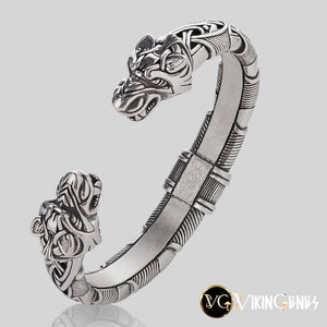 Sterling Silver Norse Metal Arm Ring With Wolf Heads - vikingenes
