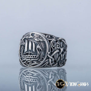 Sterling silver Viking Ship Drakkar Ring - vikingenes