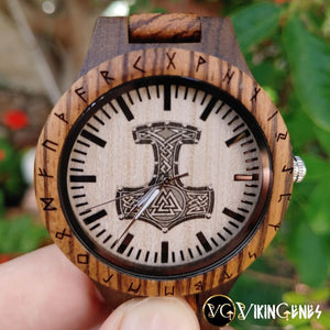 Personalized Thor's Hammer Mjölnir Handmade Wooden Watch - vikingenes
