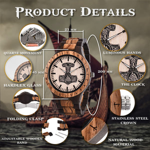 Personalized Thor's Hammer Mjölnir Handmade Wooden Watch - vikingenes