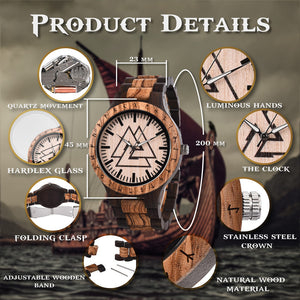 Valknut Handmade Engraved Wooden Watch - vikingenes