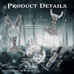 Raven Heads & Thor's Hammer Leather Necklace - vikingenes