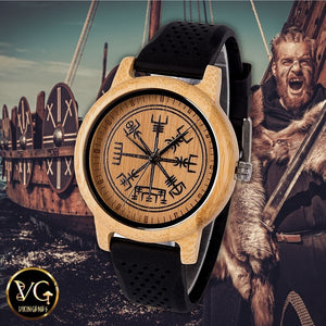 Viking Compass Vegvisir Handmade Engraved Wooden Watch - vikingenes