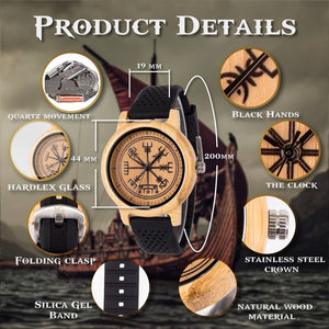 Viking Compass Vegvisir Handmade Engraved Wooden Watch - vikingenes